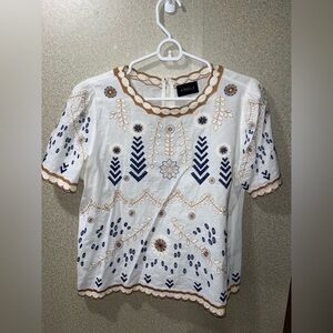 White and Brown Embroidered Women's Top